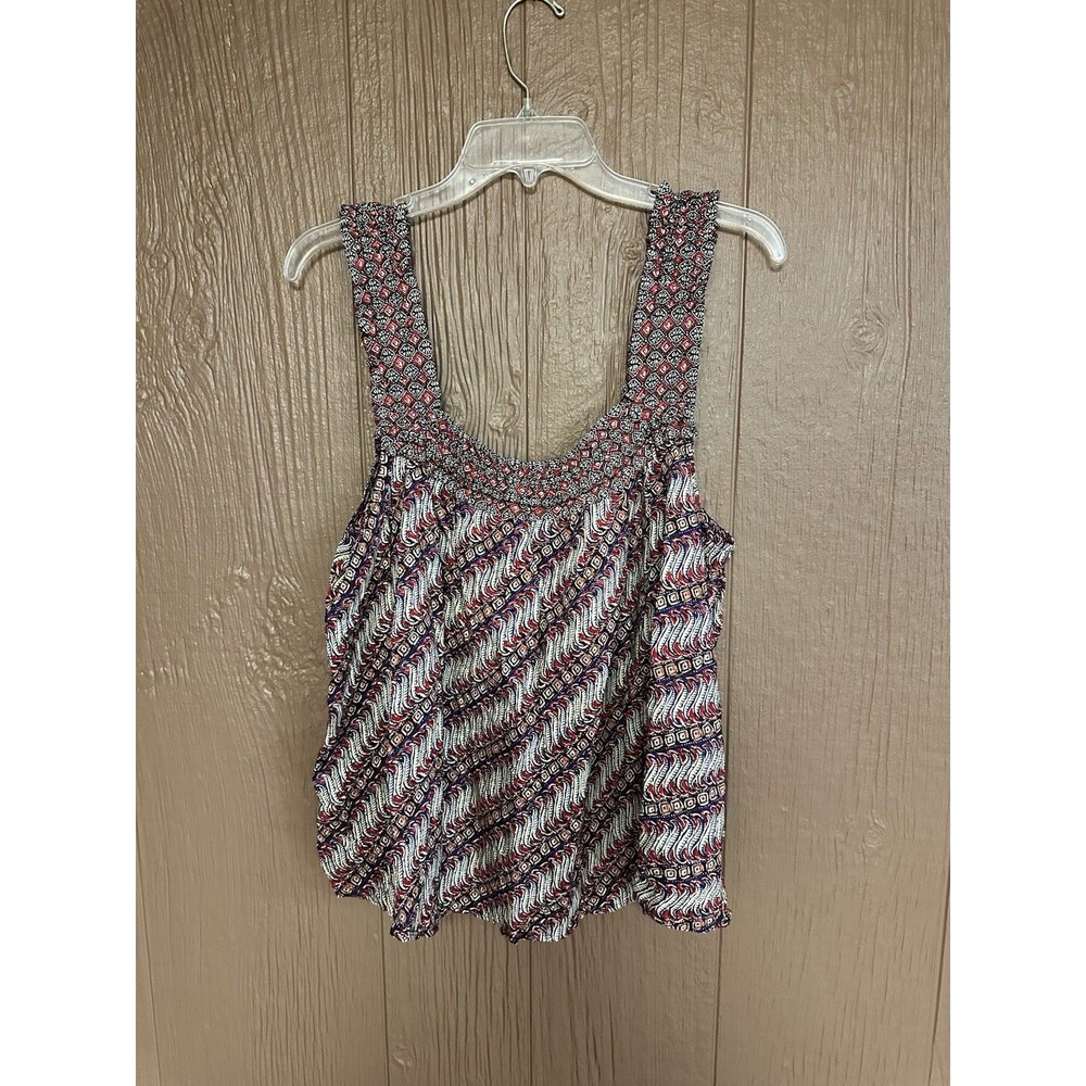 Anthropologie Colorfull Ruffle Elastic Tank Top Size XL Black Red Casual Relaxed